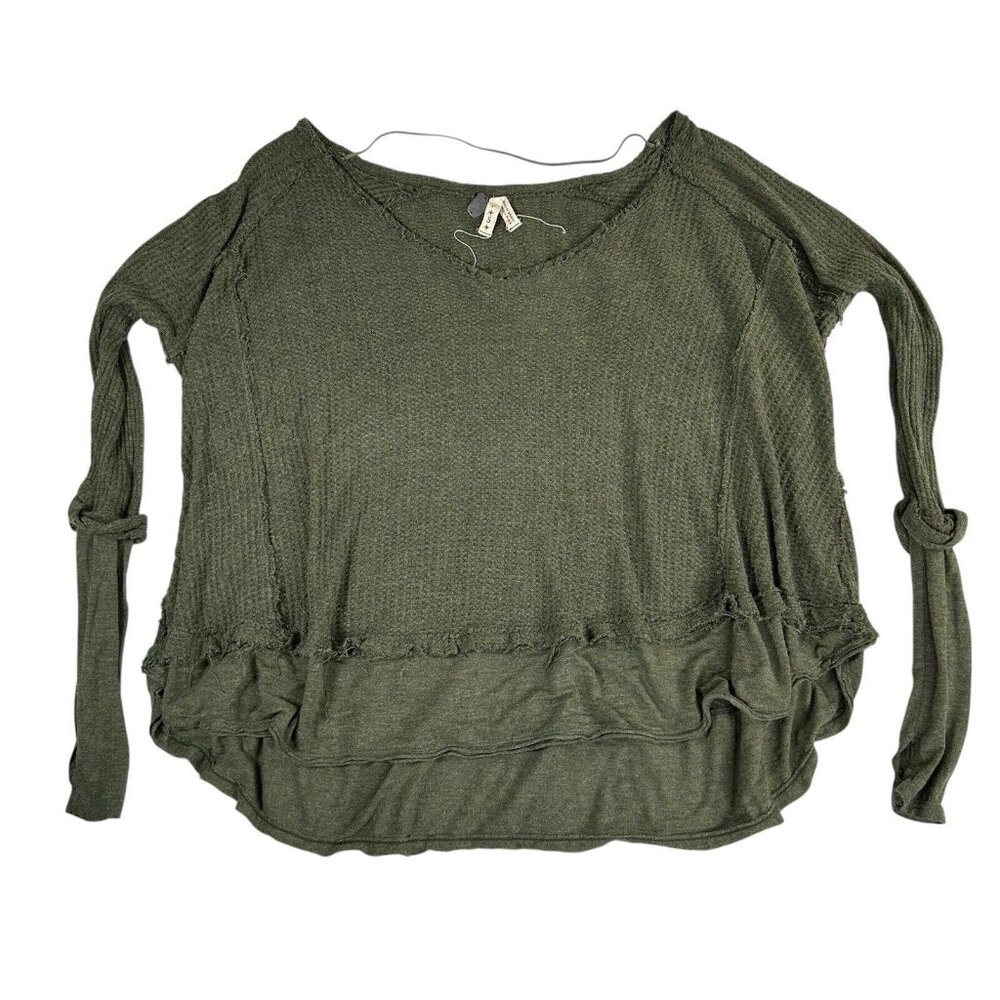 Free People We The Free Waffle Knit Layered Hem Long Sleeved Top Army Green